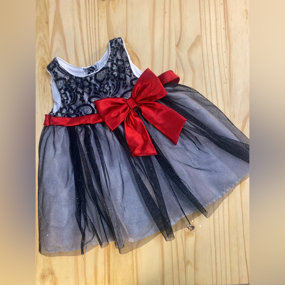 Black Lace Tulle Dress with Red Bow